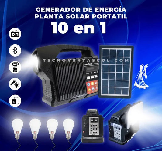 Planta solar 10 en 1 generador de energía portátil con Radio FM, USB, SD, AUX, doble reflector, carga rápida, 4 bombillos, doble reflector, bluetooth, panel solar, cable múltiple😏